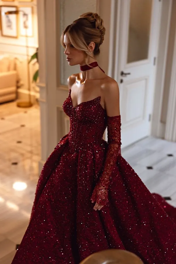 gorgeous burgundy dress Luxurious Split Beaded Prom With Sleeves And Scarf ZT0207 Do Not Bleach
