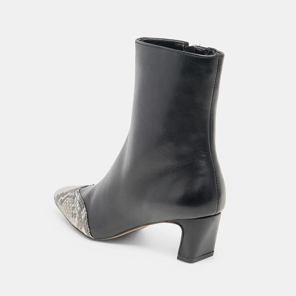 Black Snakeskin Pattern Closed Toe Chunky Heel Ankle Boots with Zipper