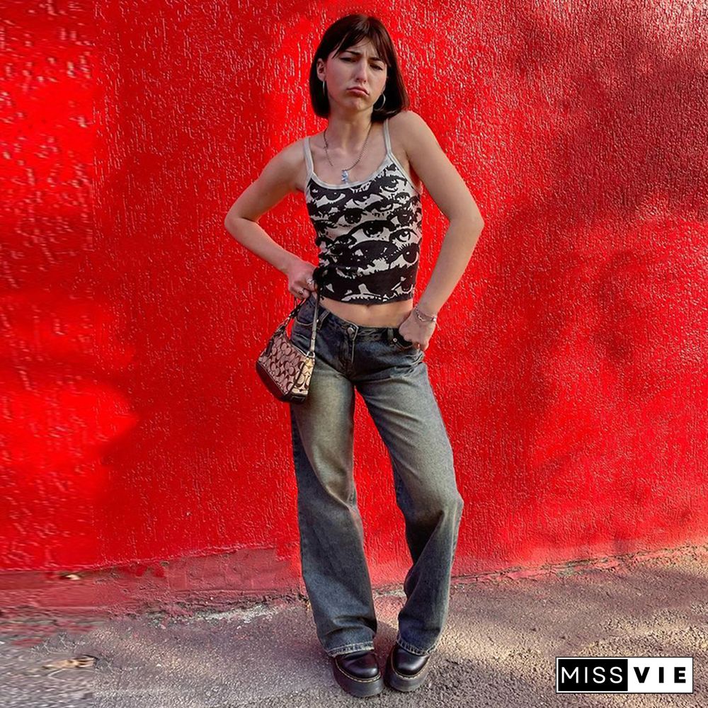 Gothic Portrait Print T-Shirt Aesthetic Y2K Crop Tops Short Sleevle Vest Tees Harajuku Streetwear White Suspenders Women Clothes