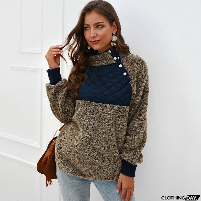 Sweatshirts Women Long Sleeve Patchwork Color Fahsion Autumn Winter Pullover Black Ladies Plush Warm Tops Clothing