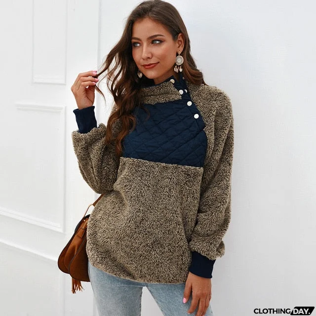 Sweatshirts Women Long Sleeve Patchwork Color Fahsion Autumn Winter Pullover Black Ladies Plush Warm Tops Clothing