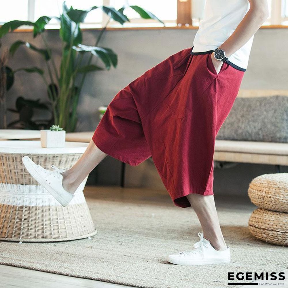 Men Wide Crotch Pants Loose Large Cropped Wide-legged Bloomers Flaxen Baggy Trousers | EGEMISS