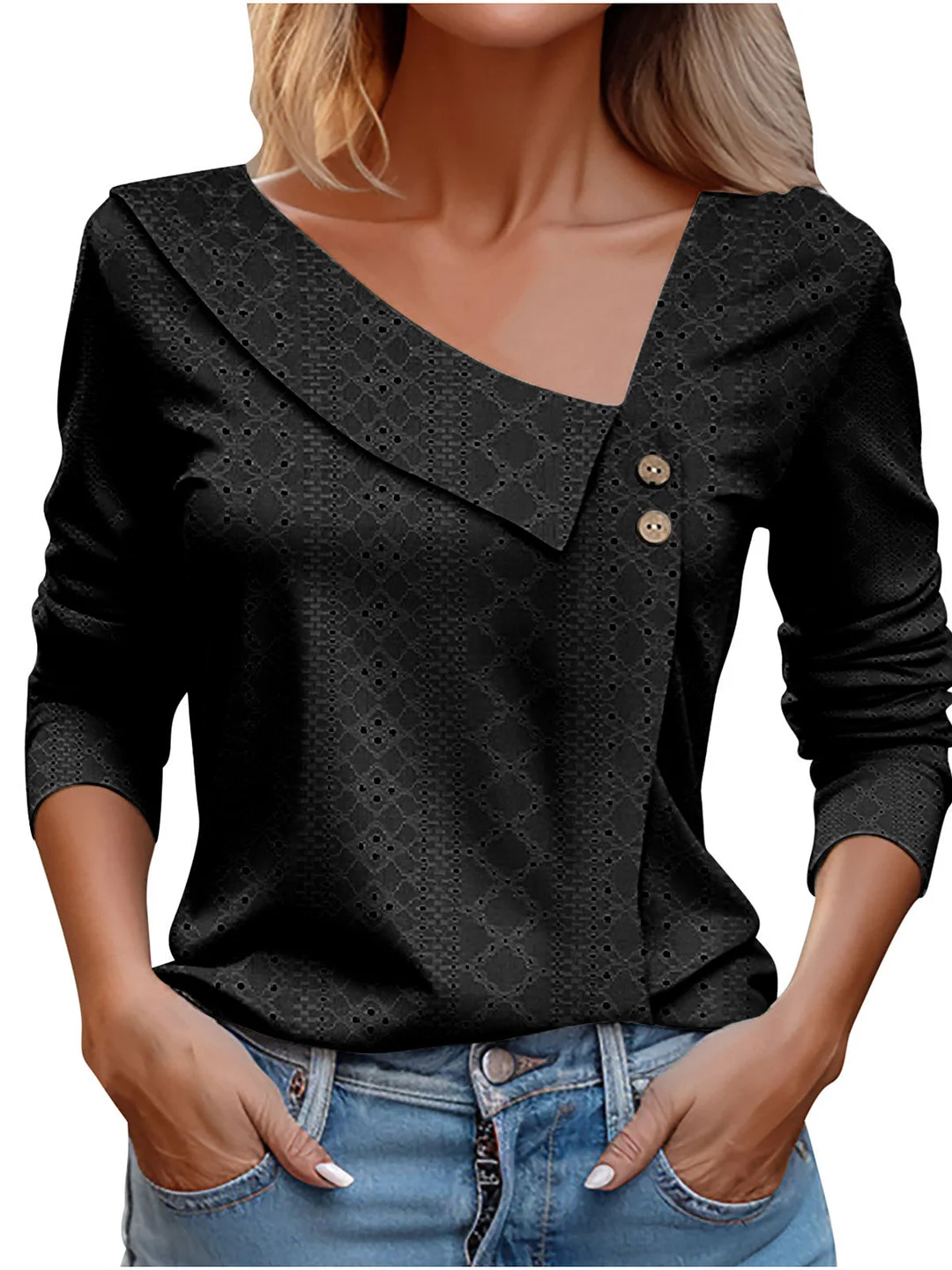 Women Long Sleeve V-neck Solid Color Buttons Tops