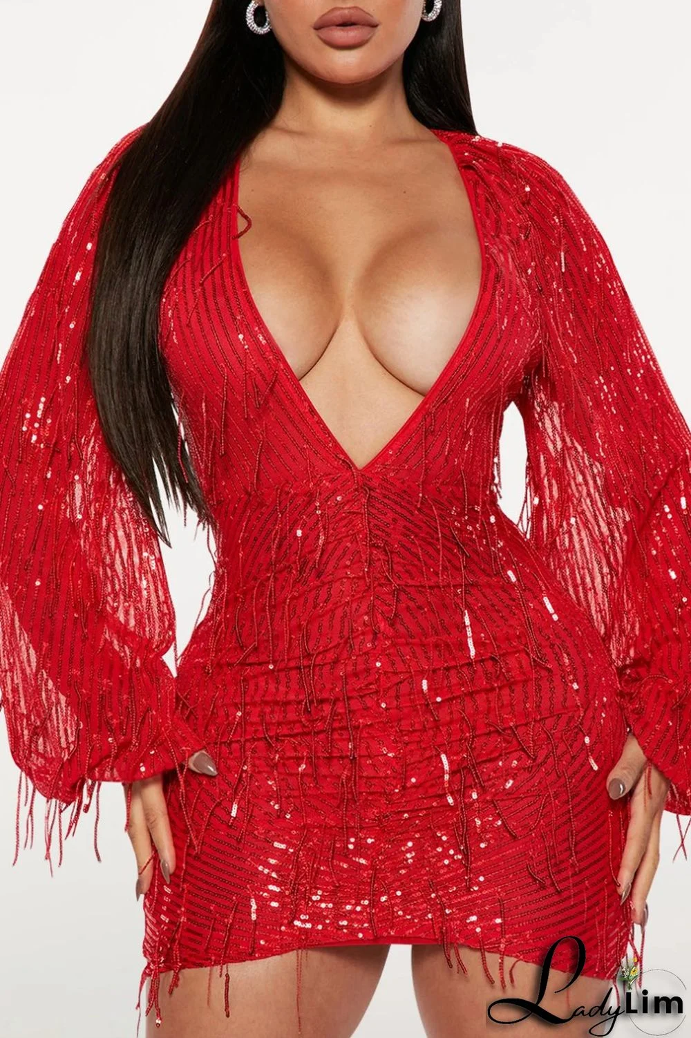 Red Casual Patchwork Tassel Sequins V Neck Long Sleeve Dresses