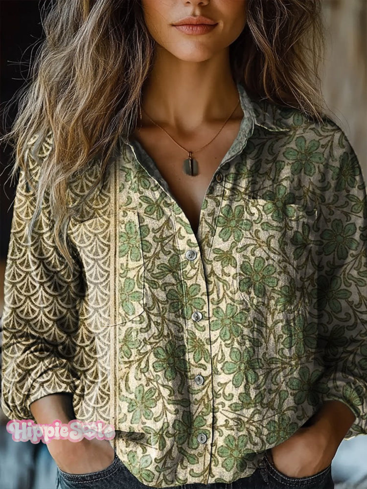 Women’s Vintage Floral Art Print Casual Long Sleeve Comfortable Cotton Shirt Multicolor / S