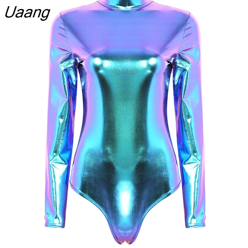 Uaang Women Shiny Metallic Long Sleeves Gymnastics Leotard Bodysuit Nightclub Party Festival 2781