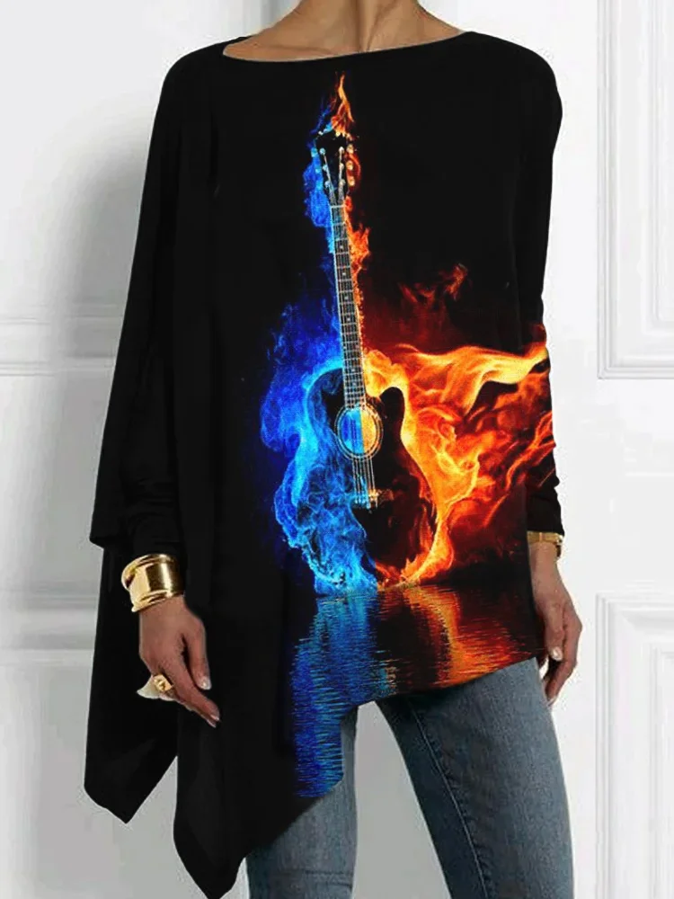 Fire And Water Guitar Contrast Bat Sleeve T Shirt