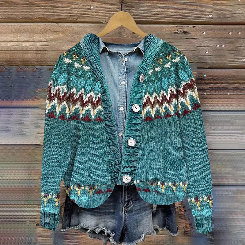 Retro Wave Print Hooded Button-Down Cardigan