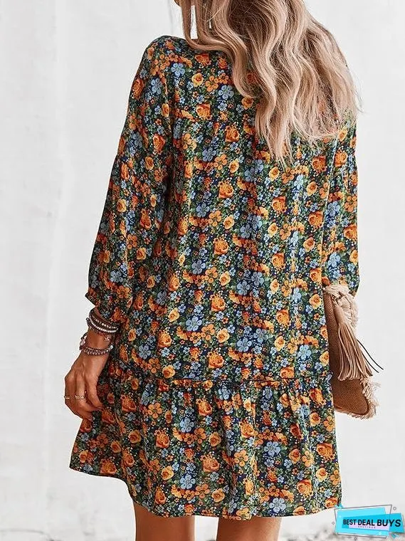 Printed Long Sleeve Casual Holiday Dress