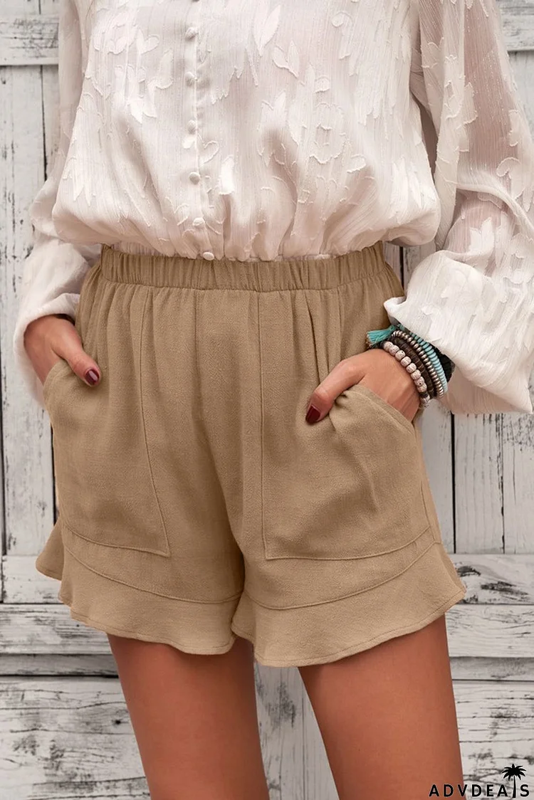 Women's Casual Pocketed Flutter Khaki Linen Cotton Shorts