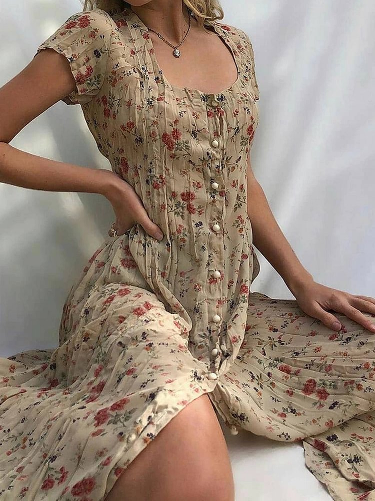 Print Scoop Mid-Calf Short Sleeve Vintage Women's Dress