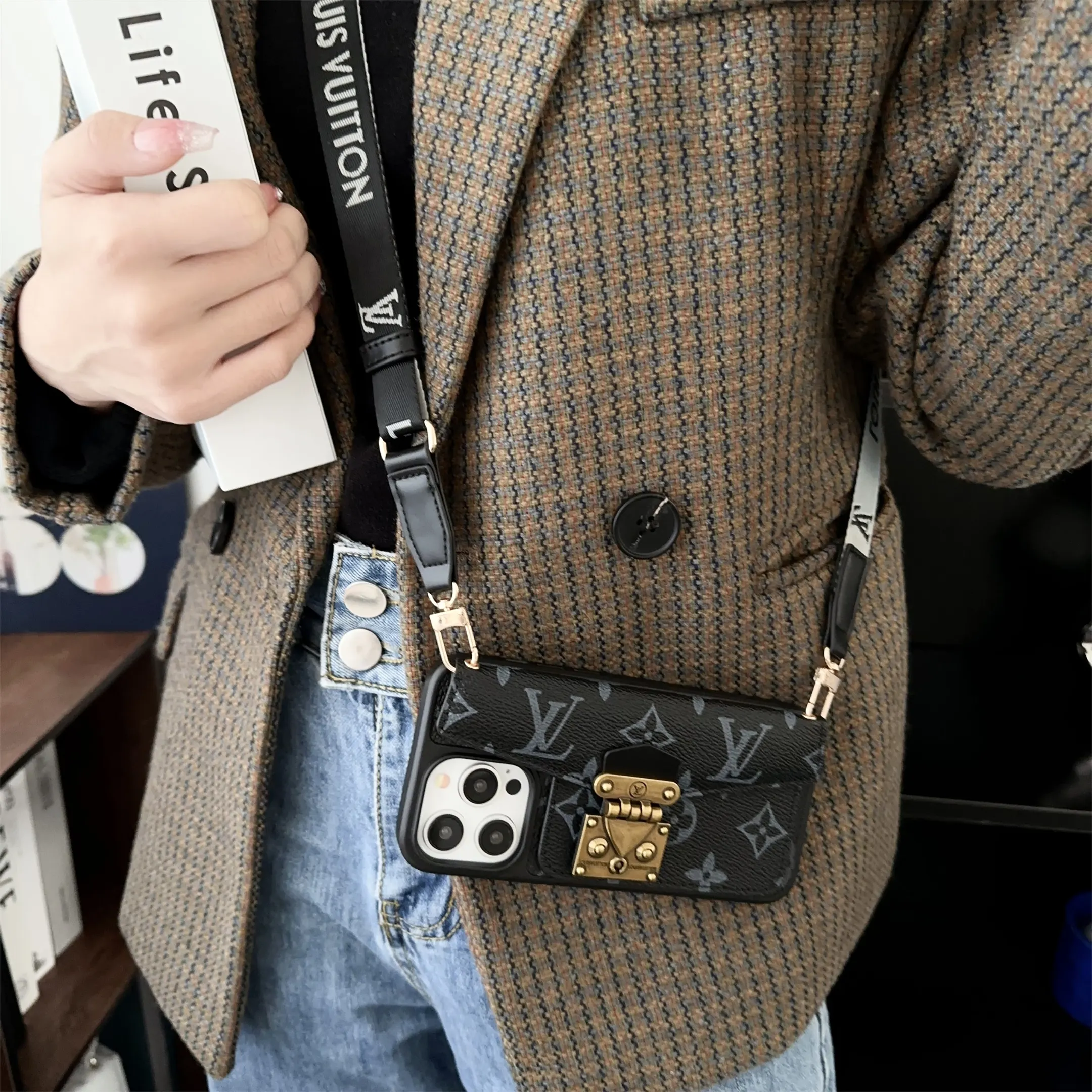LV Dauphine Monogram Canvas Crossbody Postman Apple iPhone Wallet Case
