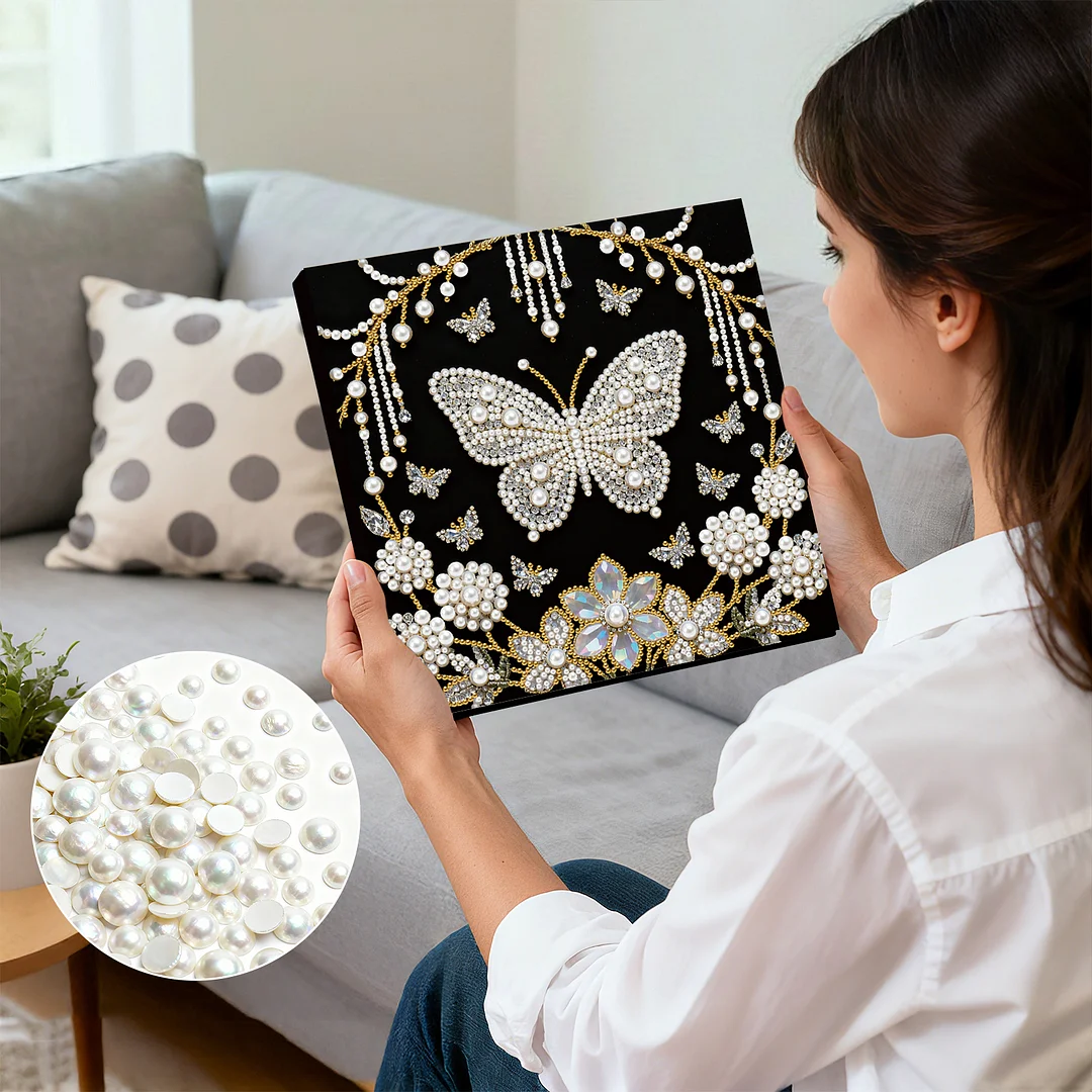 Flower Butterfly DIY Pearl Art Diamond Painting Kit Home Decor 25x25cm With Frame