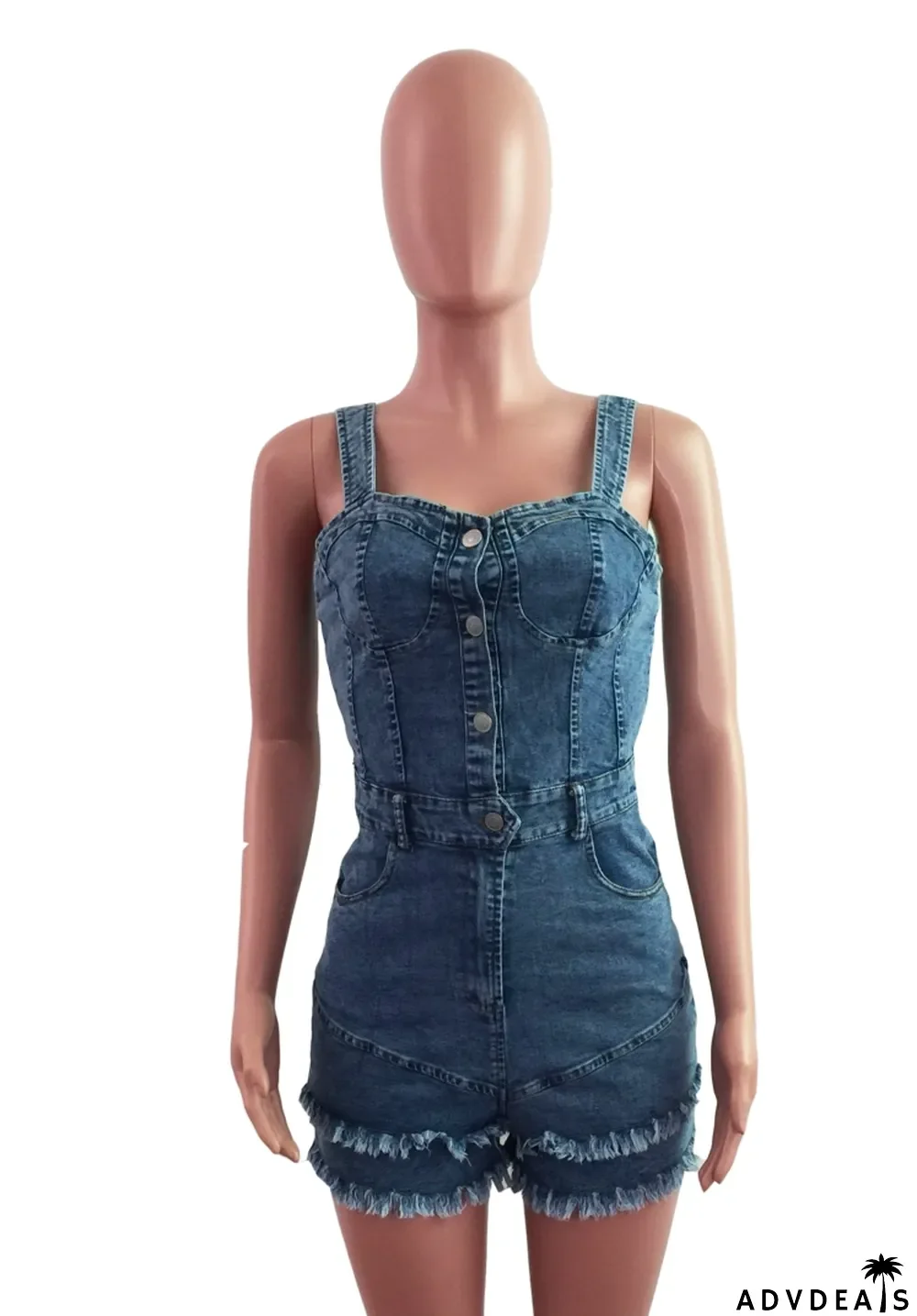 Summer Blue Wide Strap Tassels Denim Rompers