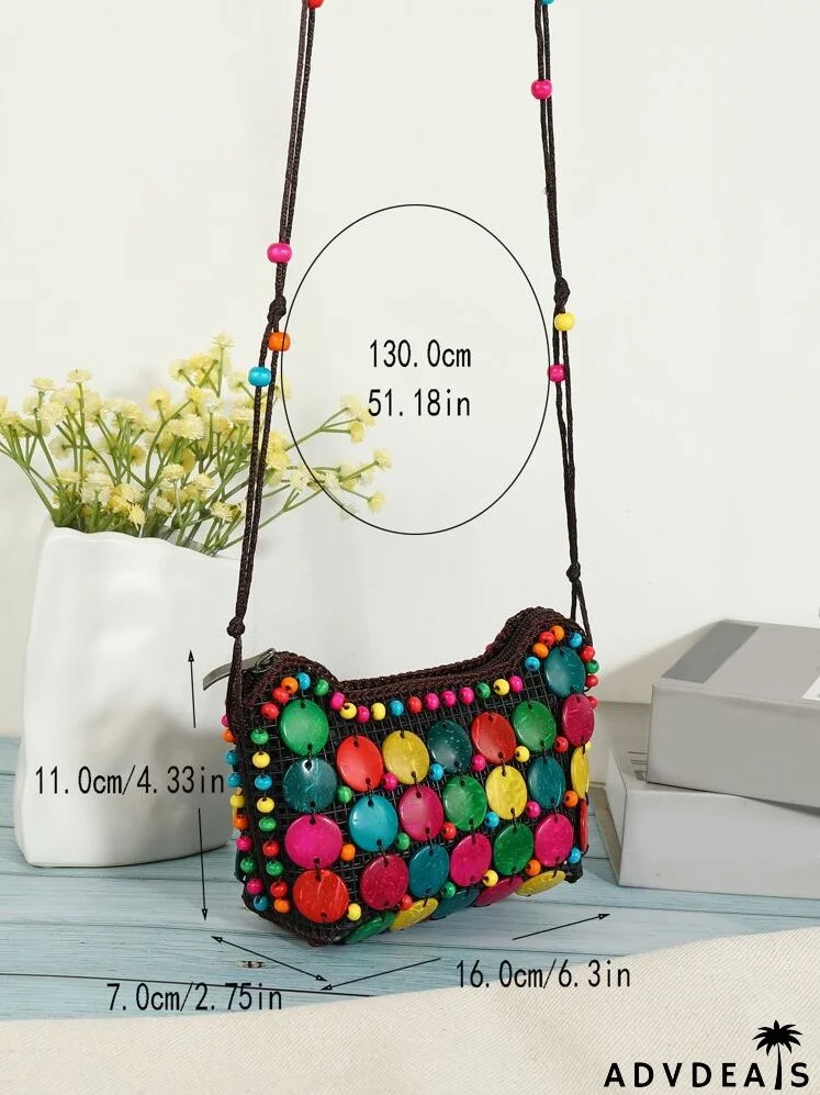 Beaded Detail Coconut Shell Colorblock Square Bag