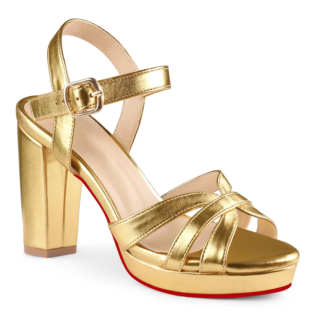 95mm Women's Red Bottom Platform Chunky Heels Ankle Strap Block Heeled Sandals Party Wedding Shoes-MERUMOTE