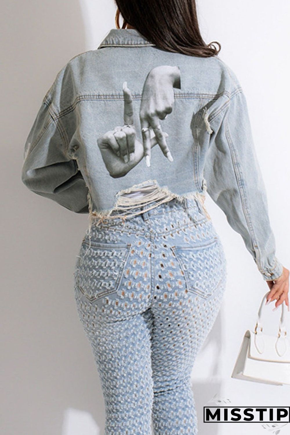 Blue Orange Street Print Make Old Patchwork Buckle Turndown Collar Long Sleeve Straight Denim Jacket