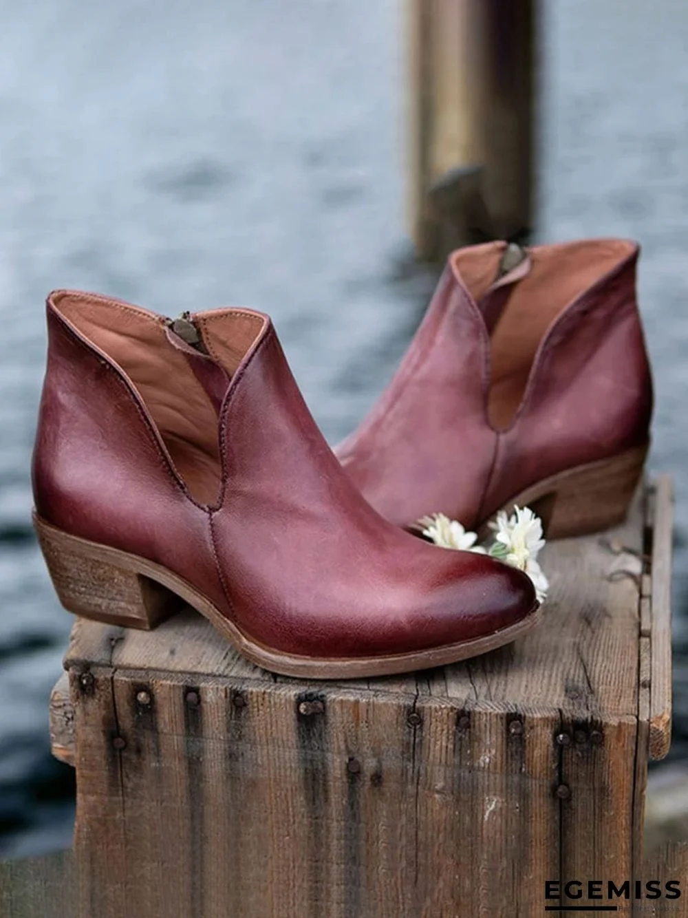 Retro Distressed Polished Color Zipper Thick Heel Pointed Ankle Boots | EGEMISS