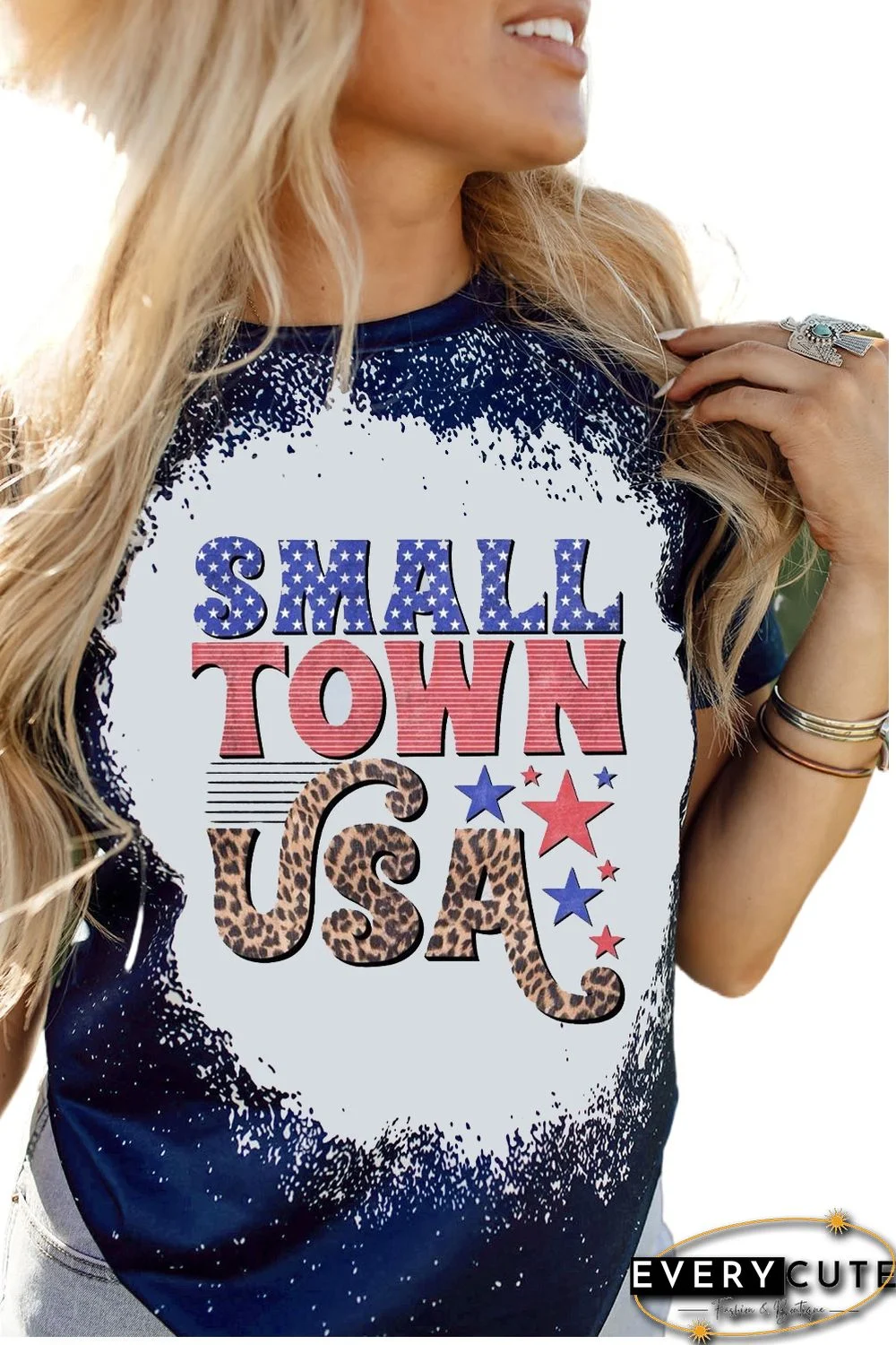 Blue SMALL TOWN USA Graphic Print Color Block T Shirt