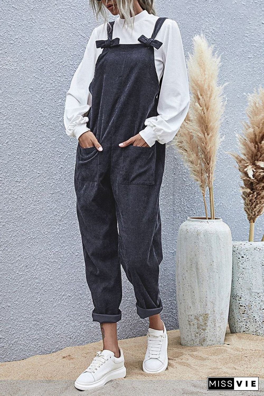Solid Bowknot Double Pockets Overall