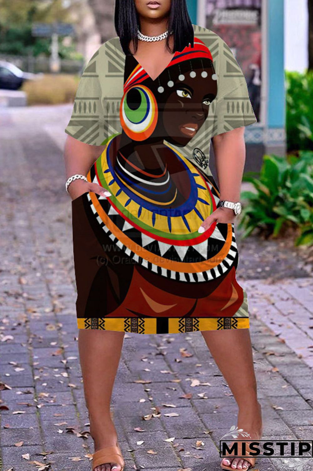 Army Green Fashion Casual Print Basic V Neck Short Sleeve Dress