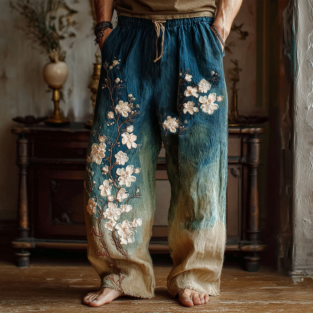 Men's Japanese Apricot Blossom Oil Painting Art Art Vintage Linen Pants  artssus