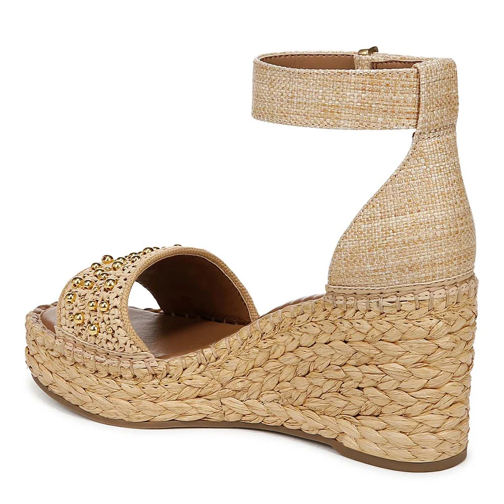 Beige Open-Toe Ankle Strap Espadrille Wedge Sandals with Beads