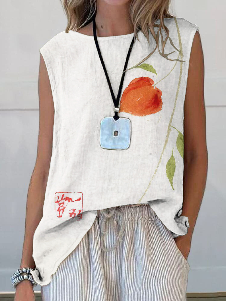 Comstylish Summer Floral Art Printed Casual Sleeveless Top