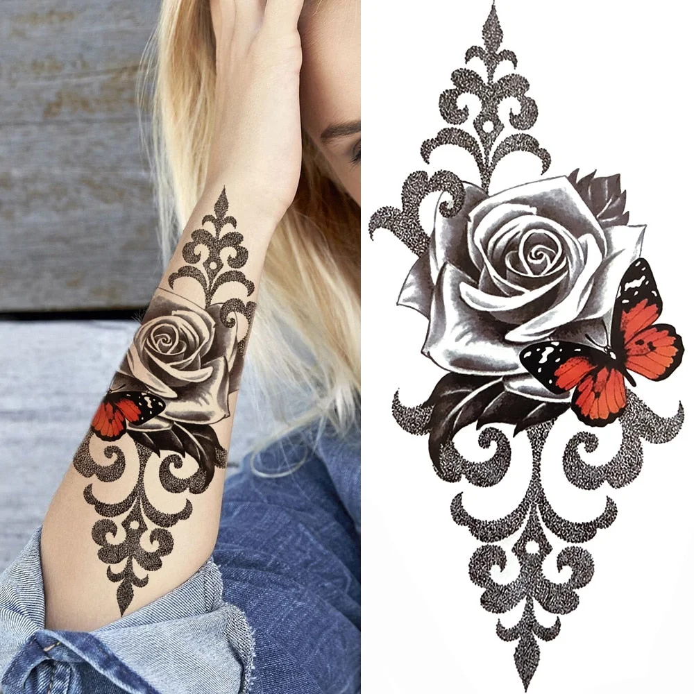 Fake Flower Rose Temporary Tattoos For Women Girl Peony Daisy Deer Moon Tattoos Sticker Black Cluster Body Art Painting Tatoos