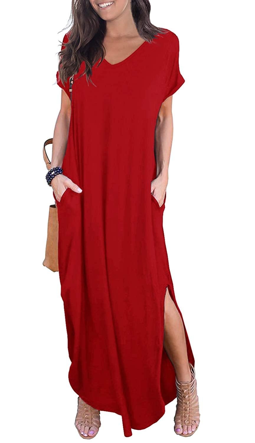 Women's Casual Loose Pocket Long Dress Short Sleeve Split Maxi Dresses