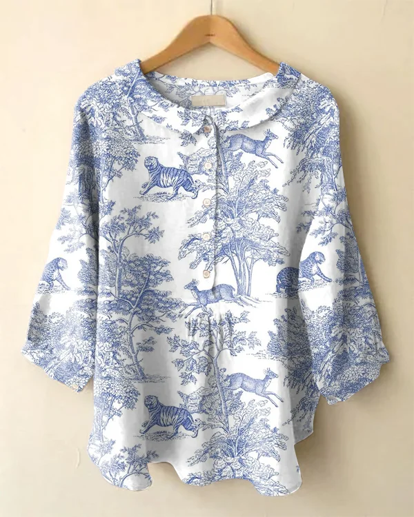 Vintage Animal Forest Print Peter Pan Collar Long Sleeve Shirt