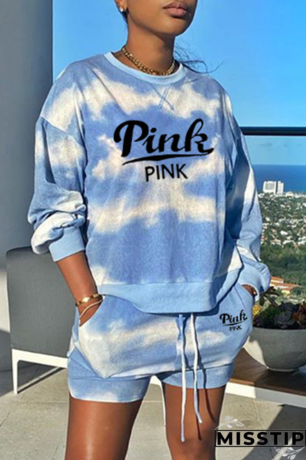 Light Blue Casual Patchwork Tie-dye O Neck Short Sleeve Two Pieces