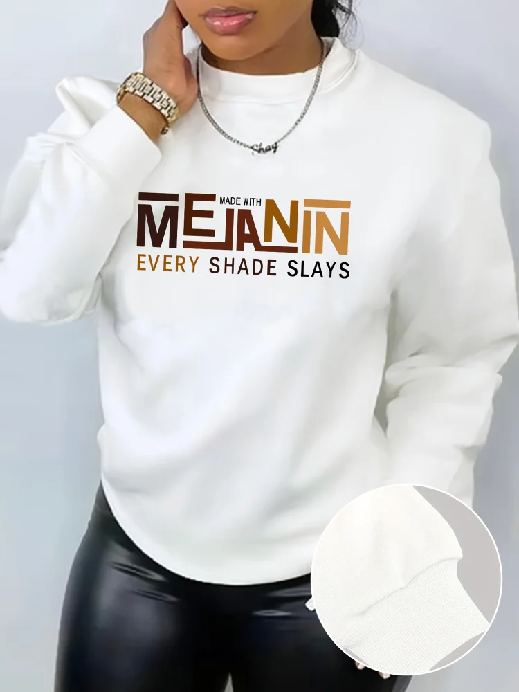 Women's Casual Crew Neck Sweatshirt With Letter Print, 100% Polyester Knit Fabric, Alphabet Pattern, Fall/Winter Fashion Top, 250gsm - "Made With Every Shade Slays"