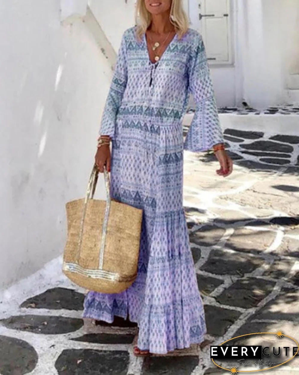 Bohemian Holiday Ruffle Printed Flare Sleeve Lace up Maxi Dress