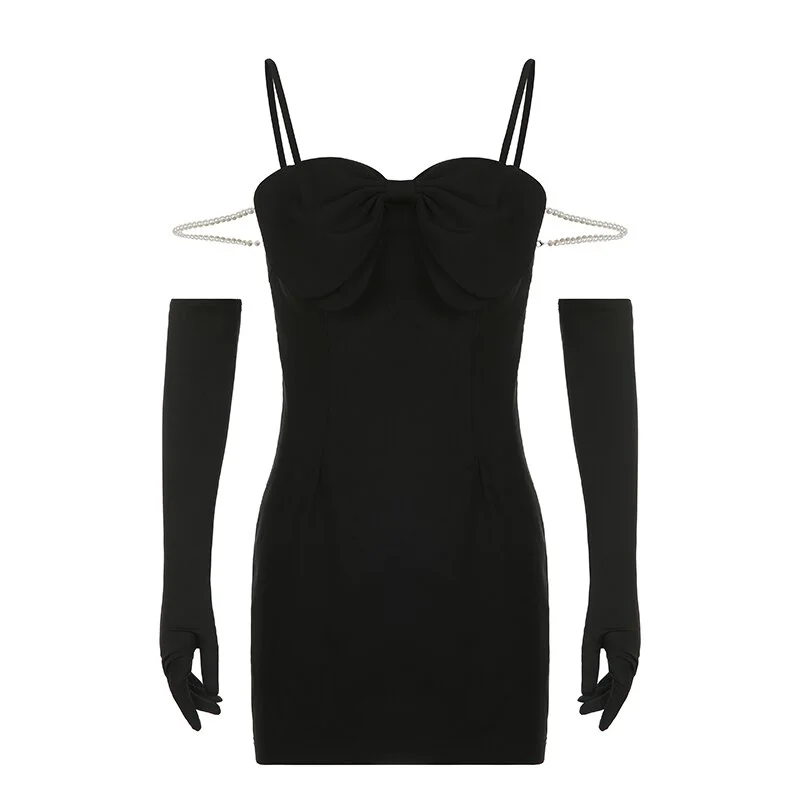 Wongn Black Bow Sling Dresses With Gloves Women Elegant Evening Party