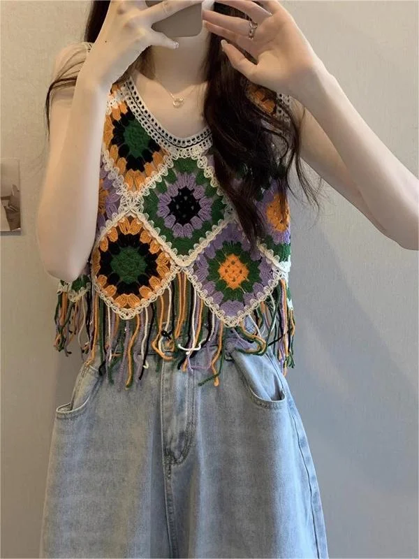 Tops Crochet Loose With Knitted Flower And V-Neck