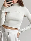 Solid Color High-Neck Off-The-Shoulder Long Sleeve Casual T-Shirt Top