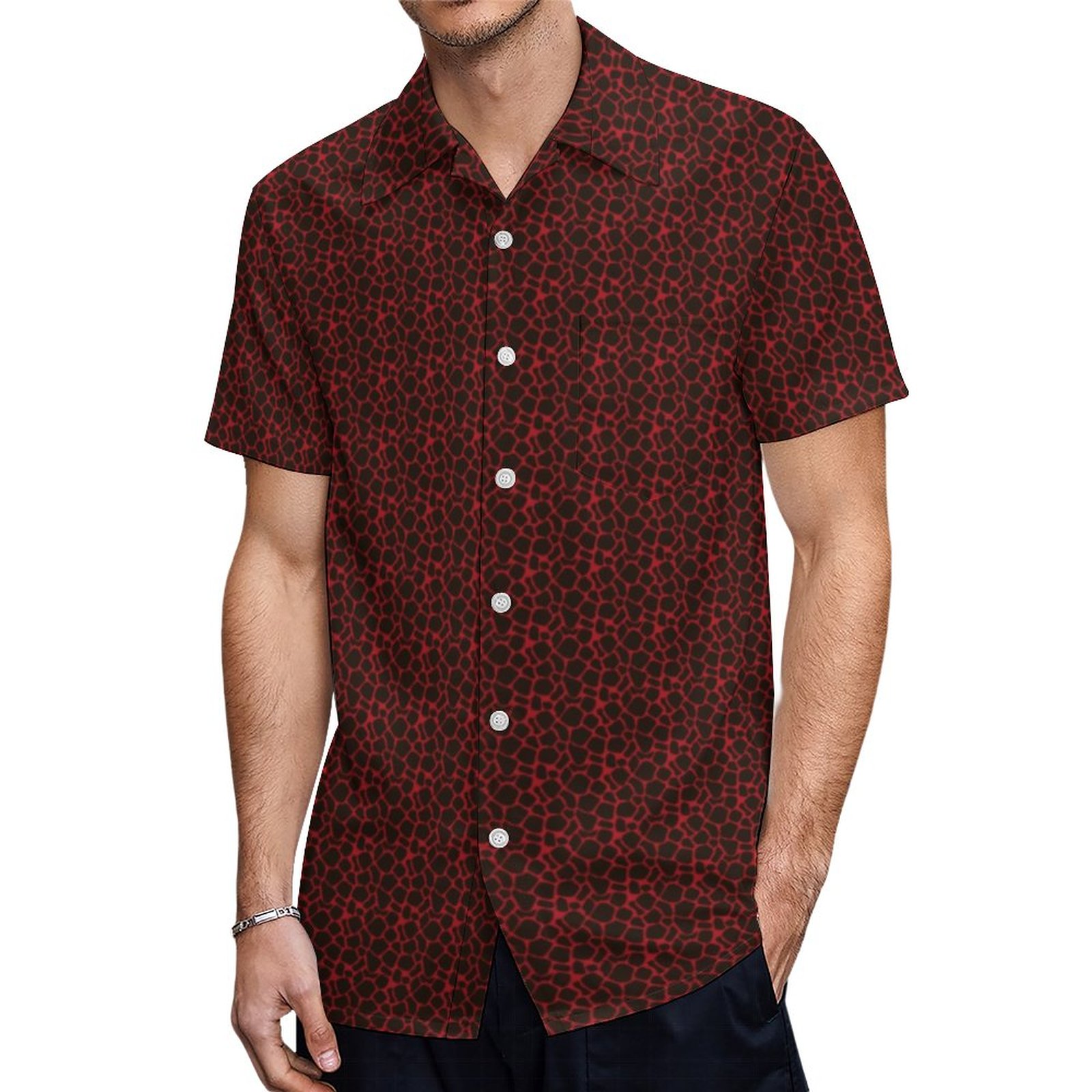 Metallic Red Black Leopard Print Animal Skin | Men's Tropical Print Hawaiian Beach Vacation Shirt | Hawaiian Shirt Same Day Delivery Hawaiian Silk Shirt Hawaiian Tribal T Shirts Vacation Resort Cocktail