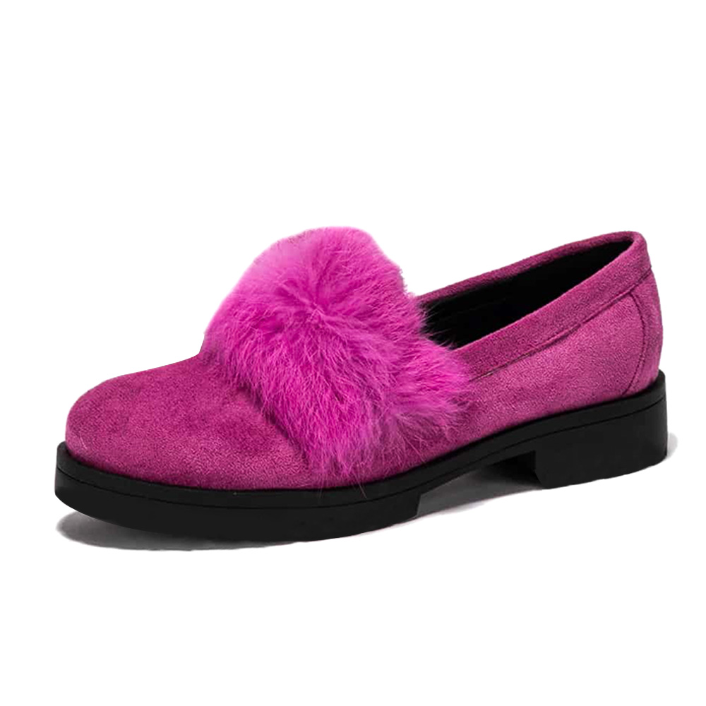 Fuchsia Vegan Suede Round Toe Fuzzy Decorated Loafer Shoes Women Nicepairs