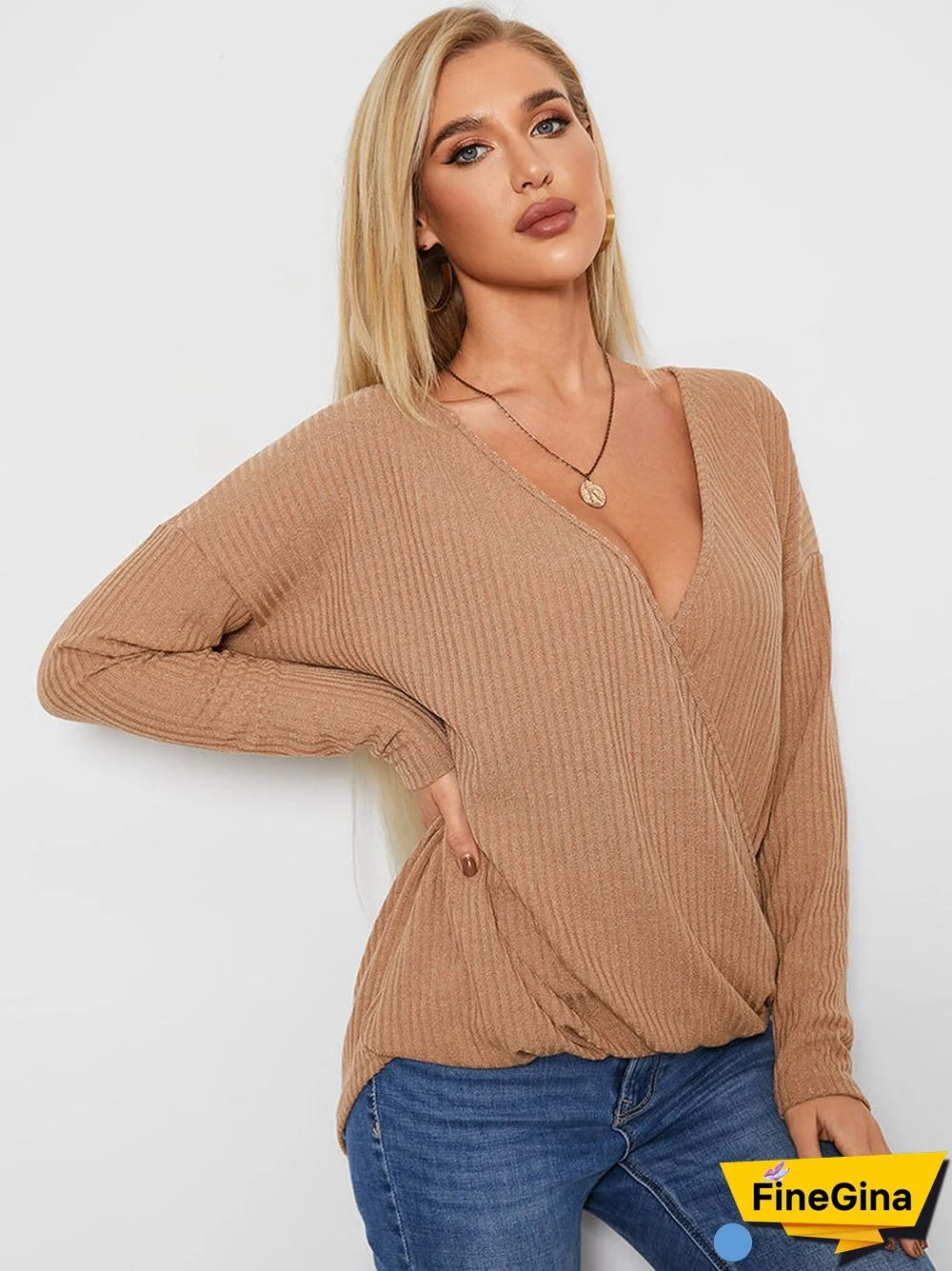 Solid Ribbed Cross Wrap V-neck Long Sleeve Loose Casual T-shirt