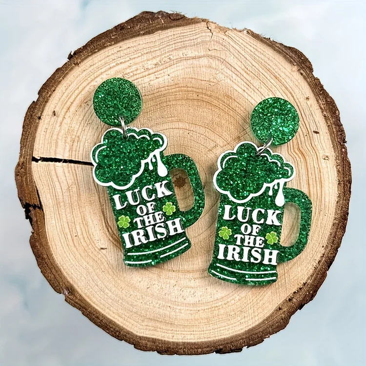 St. Patrick'S Day Green Shamrock Beer Mug Earrings