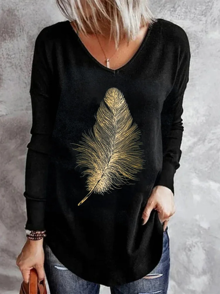 Ladies Long Sleeve Bronzed Feather Print Casual T-Shirt