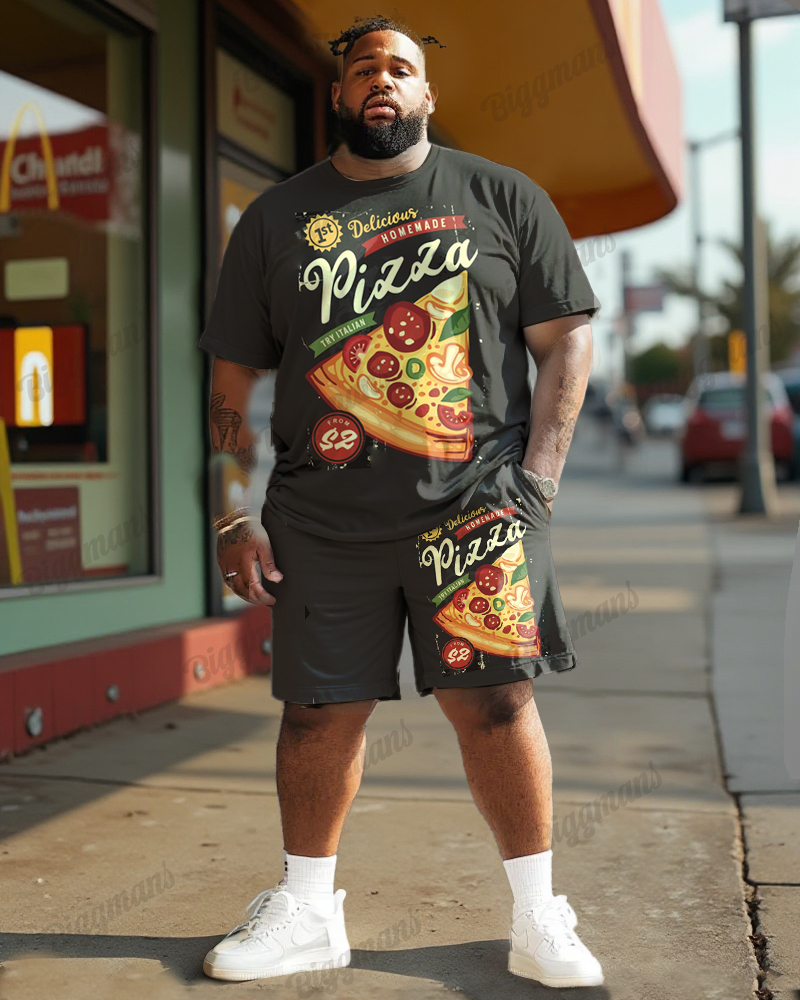 Men's Plus Size Retro Pizza Discount Printed T-shirt Shorts Suit