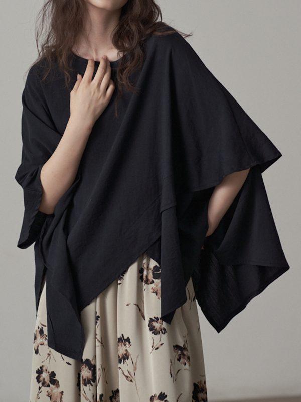 Asymmetrical Hem Round Neck Solid Color Blouses