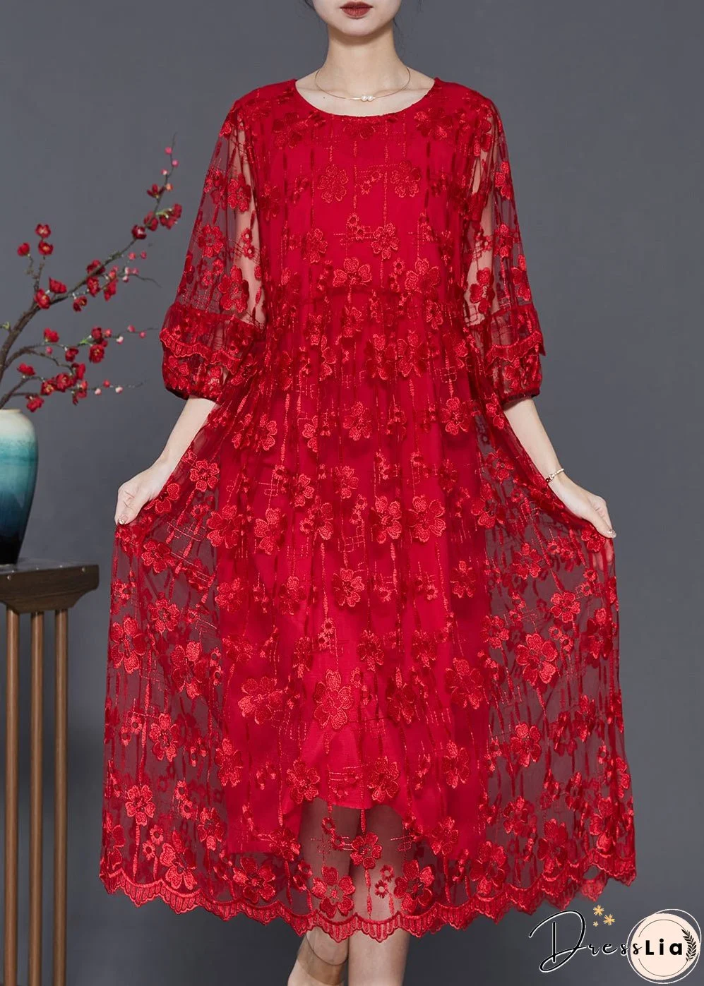 Red Hollow Out Tulle Holiday Dresses Embroidered Bracelet Sleeve