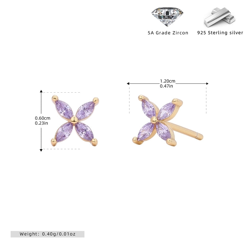 1 Pair 925 Sterling Silver Zircon Flower Ear Studs
