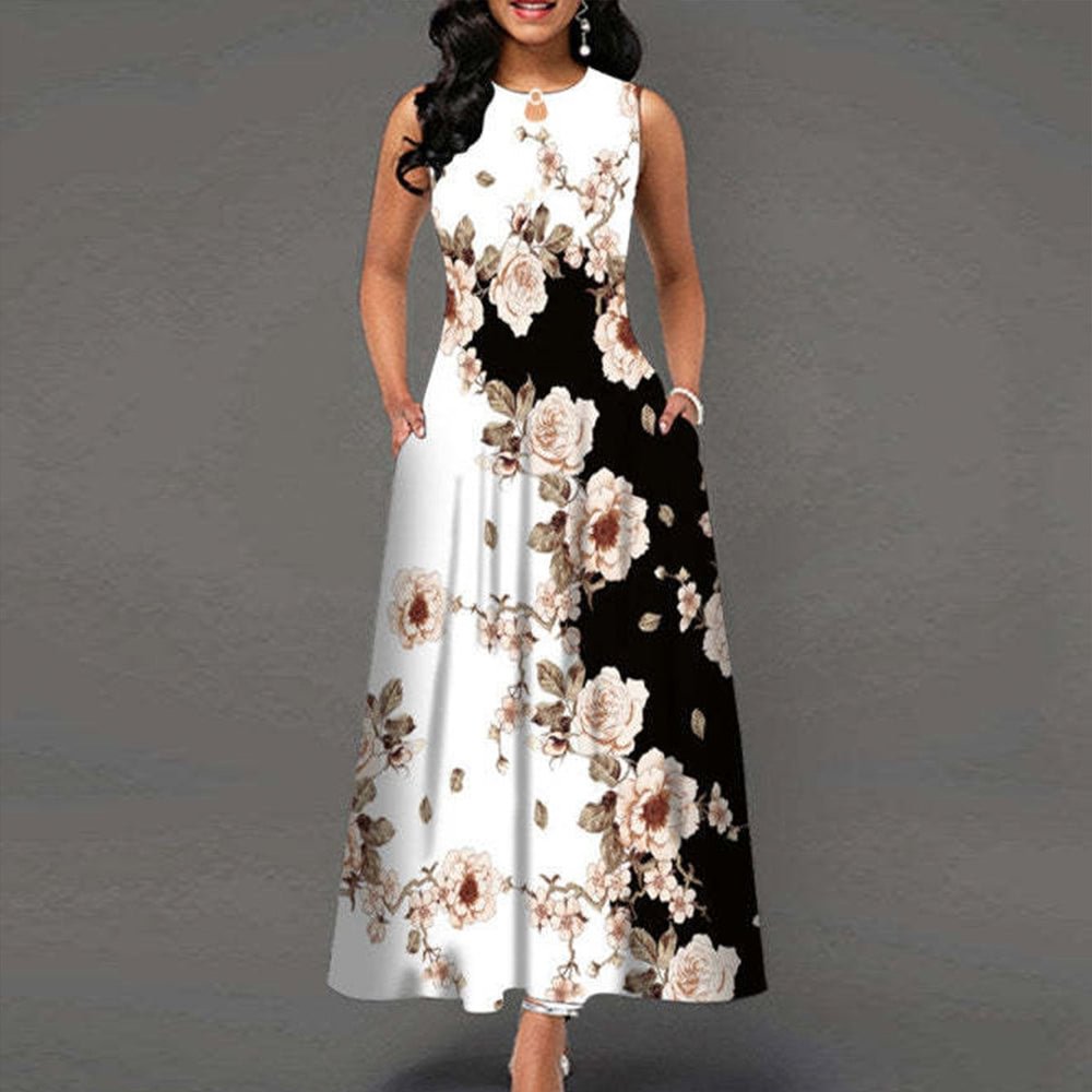 Black and White Color Block Floral Print Maxi Dress