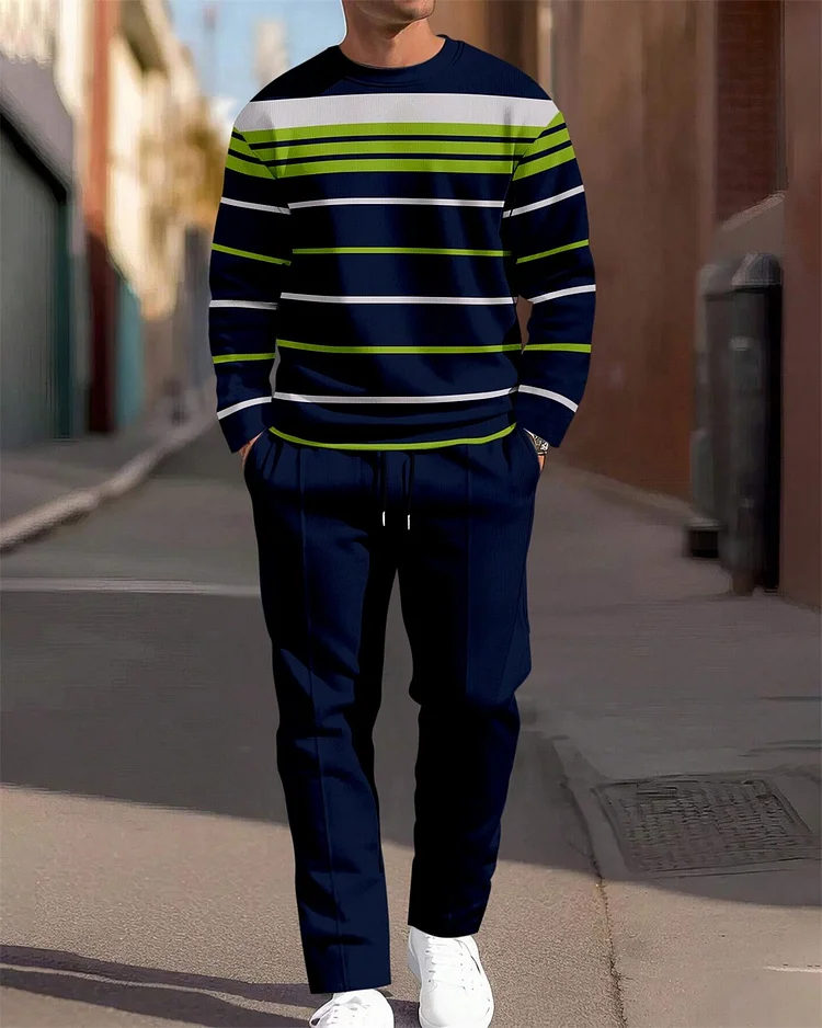 Men's Simple Colorblock Round Neck Casual Sports Set 0197