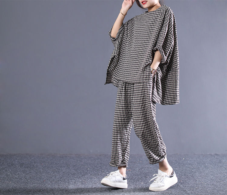 Vintage Cotton and Linen Plaid Blouse and Pants Suits
