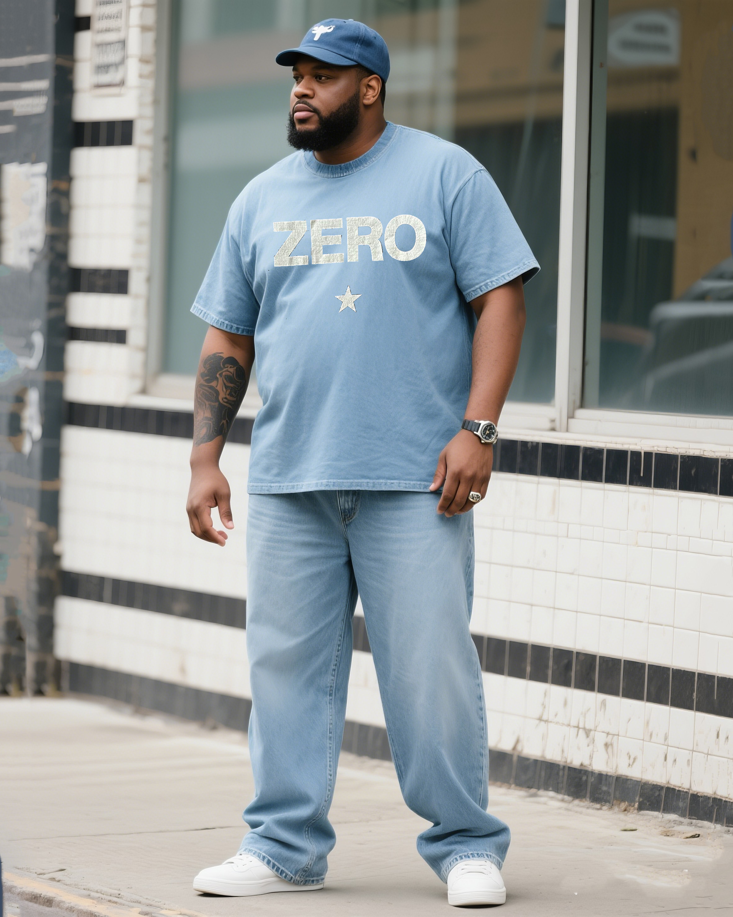 Plus Size Men's Daily Casual ZERO Denim T-Shirt Pants Suit